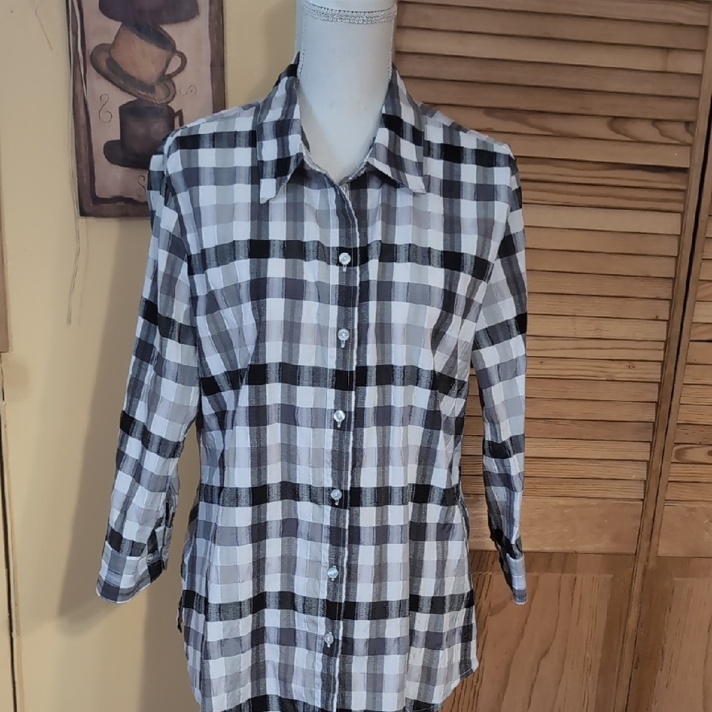 ALIA Black and White Plaid Textured Button-Up Shirt 3/4 Sleeves 16 XL